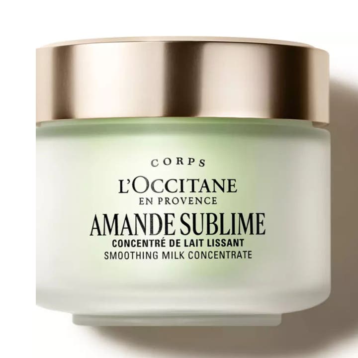 L'Occitane Amande Milk Concentrate 200 ml kropscreme i elegant glasrukke med sølvlåg til opstrammende pleje