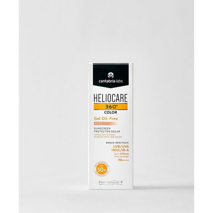 Heliocare Gel Oil-Free SPF 50+ Beige 50 ml matterende solcreme i hvid papæske med orange og sorte detaljer