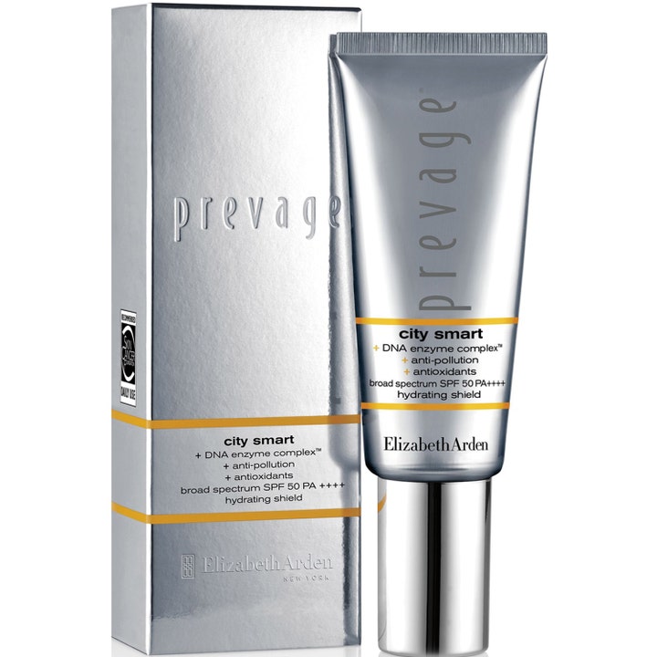 Elizabeth Arden Prevage City Smart SPF 50 beskyttende ansigtscreme mod forurening i metallisk sølvfarvet tube og æske