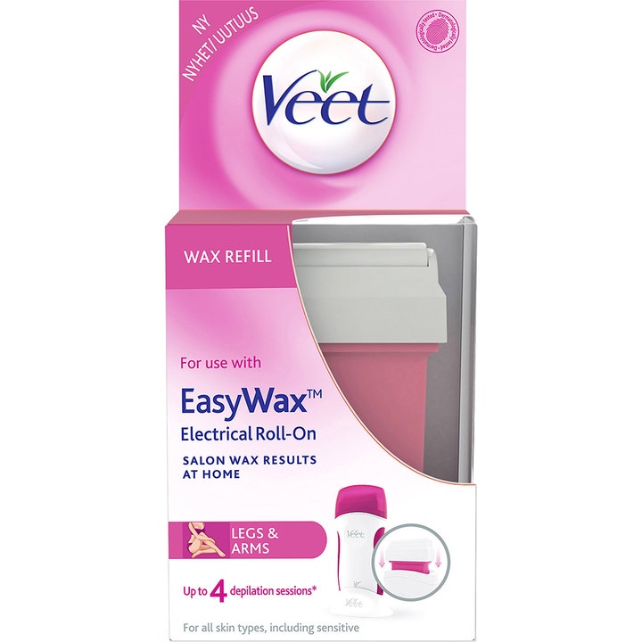 Veet EasyWax Electrical Roll-On Refill til ben og arme giver glat hud med en lyserød voksrefill i hvid og pink æske