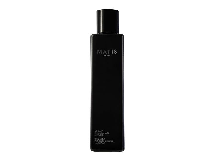 Matis The Milk 200ml nærende rensemælk med caviar fjerner makeup i en elegant høj sort rektangulær flaske