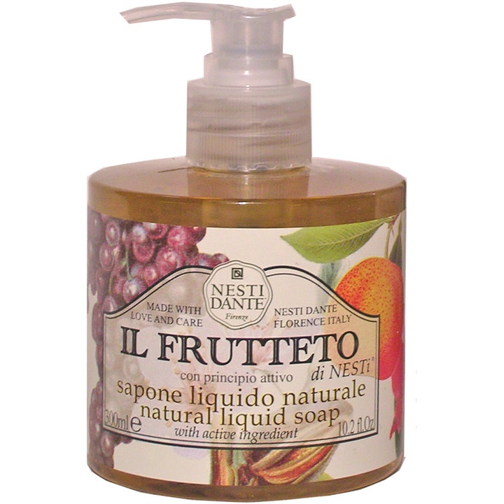 Nesti Dante Il Frutteto 300ml naturlig flydende sæbe i klar pumpeflaske med gylden væske og frugtmotiver
