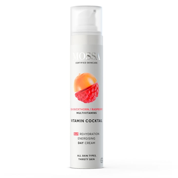Mossa Vitamin Cocktail energigivende dagcreme i hvid pumpeflaske dekoreret med havtorn og hindbær