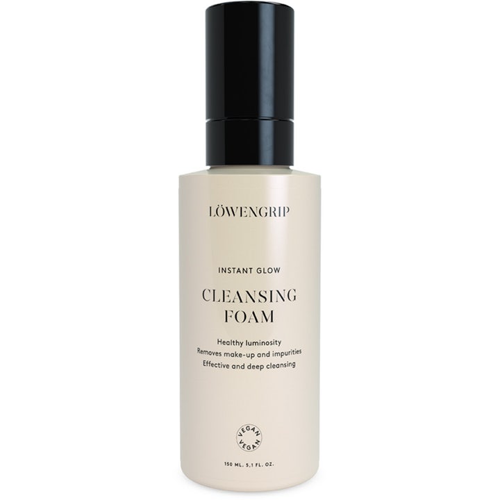 Löwengrip Instant Glow Cleansing Foam 150 ml vegansk ansigtsrens i beige flaske med sort pumpe der giver sund glød.