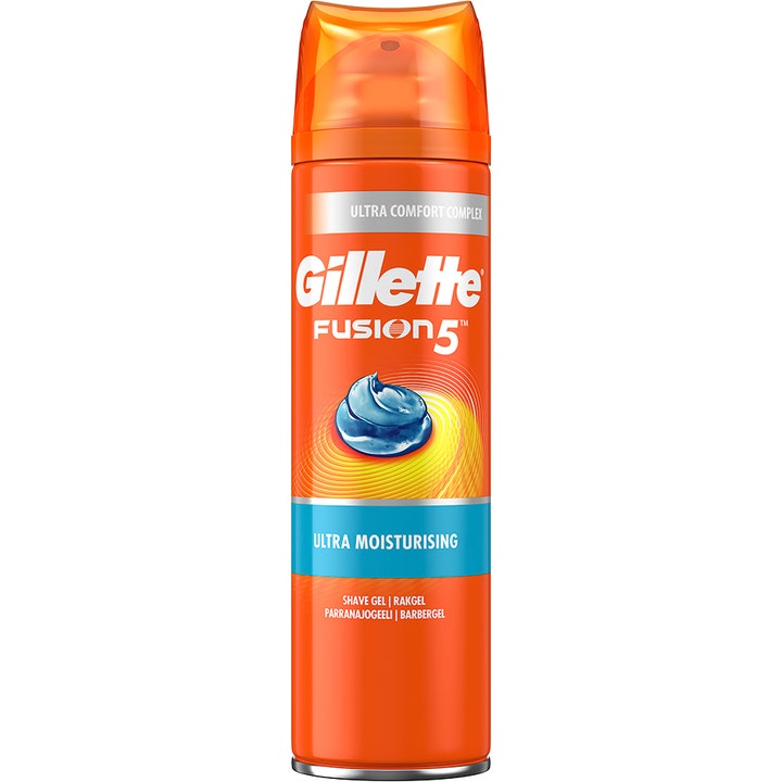Gillette Fusion5 Ultra Moisturising fugtgivende barbergel i orange spraydåse med blåt gel-ikon og orange låg.