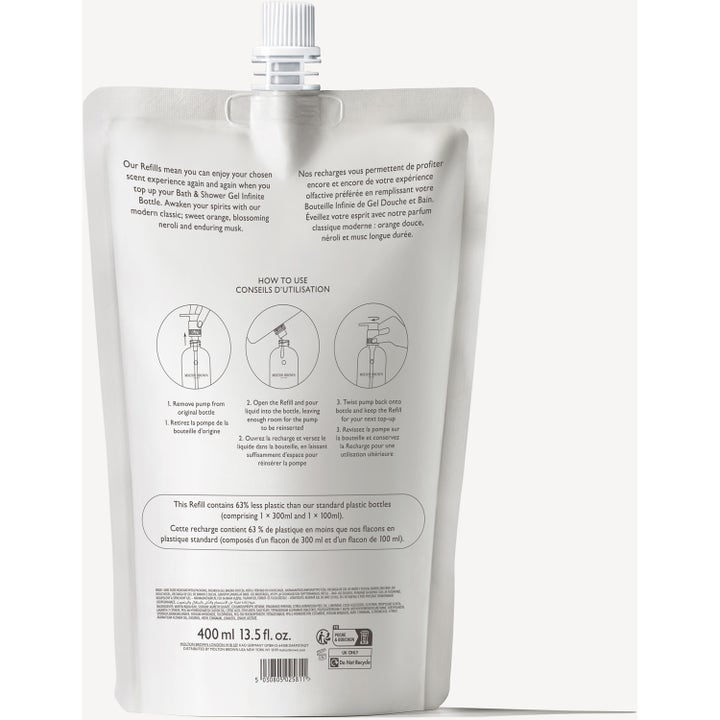 Molton Brown Orange & Bergamot Bath & Shower Gel 400 ml genopfyldningspose med instruktioner og praktisk skruelåg