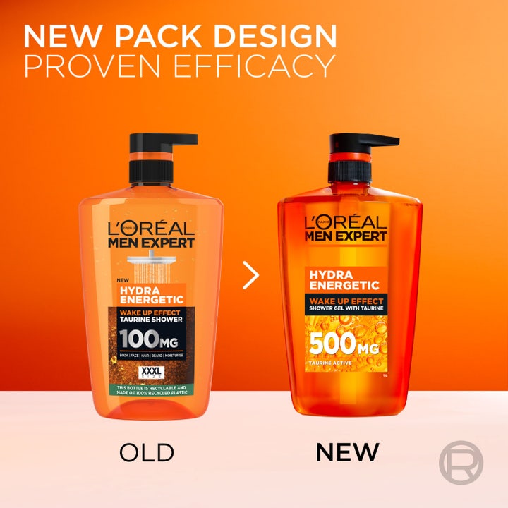 L'Oréal Paris Men Expert Hydra Energetic Shower Gel 1000 ml giver energi i orange pumpeflaske vist ved siden af en mand