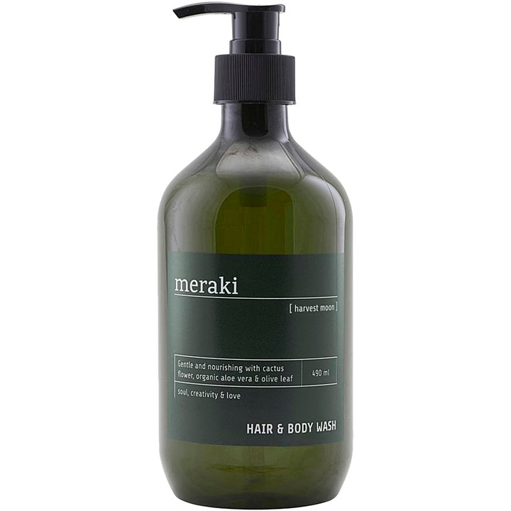 Meraki Harvest Moon Hair & Body Wash 490 ml nærende kropspleje i mørkegrøn flaske med sort pumpe