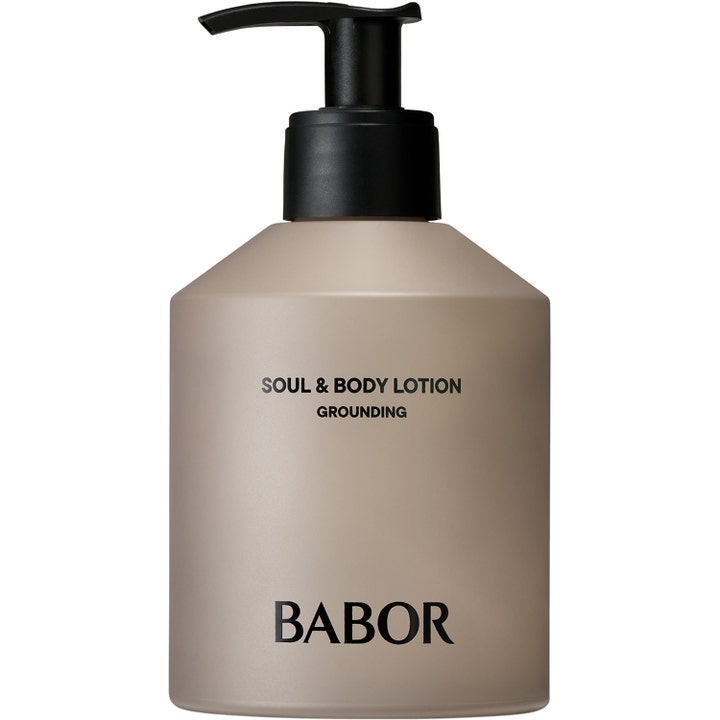 Babor Soul & Body Lotion Grounding bodylotion der giver pleje i en minimalistisk beige flaske med sort pumpe.