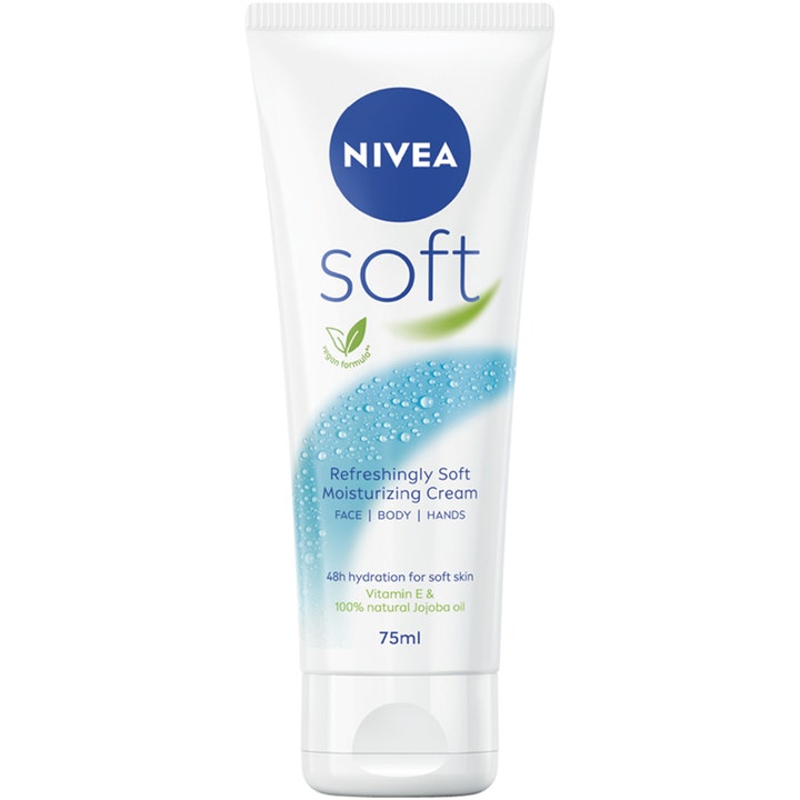 NIVEA Soft 75 ml fugtgivende creme i hvid tube med jojobaolie der giver blød hud på krop og ansigt