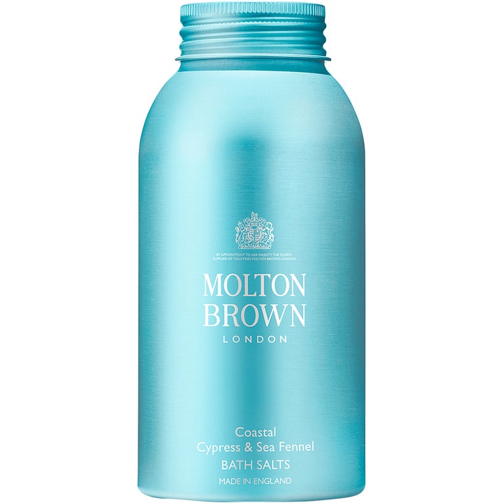 Molton Brown Coastal Cypress & Sea Fennel Bath Salts 300g opfriskende badesalt i turkisblå metalflaske