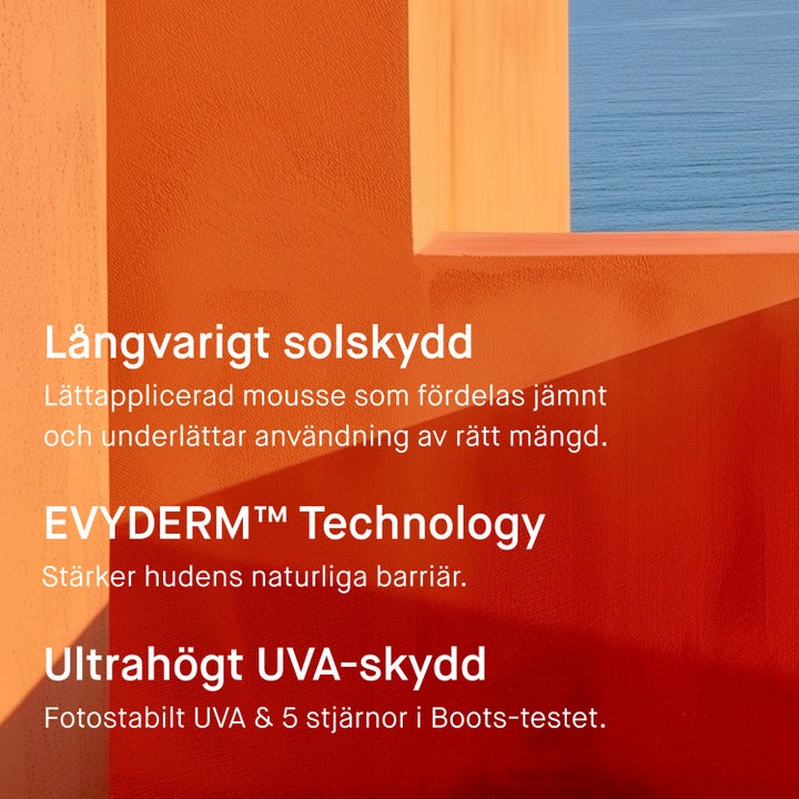 EVY Technology Sunscreen Mousse SPF20 150 ml solcreme med tekst om 5-stjernet UVA-rating på orange grafisk baggrund