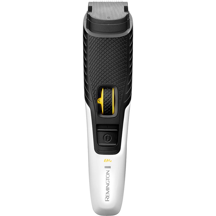 Remington Style Series B4 skægtrimmer til præcis styling i hvidt og sort design med gult zoom-hjul.