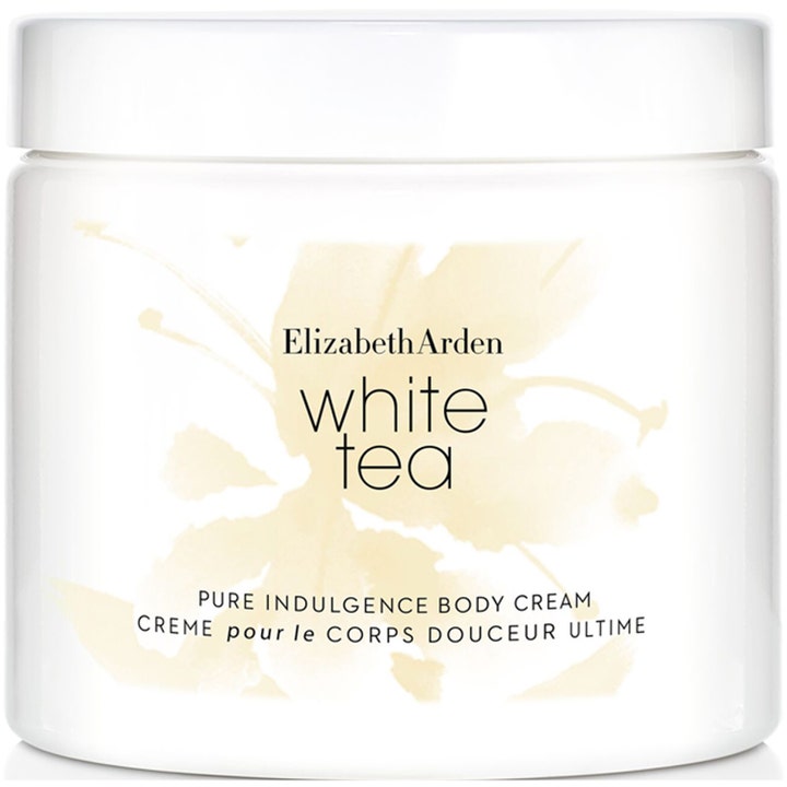 Elizabeth Arden White Tea Pure Indulgence Body Cream skaber blød hud i en hvid krukke med beige blomsterdetaljer