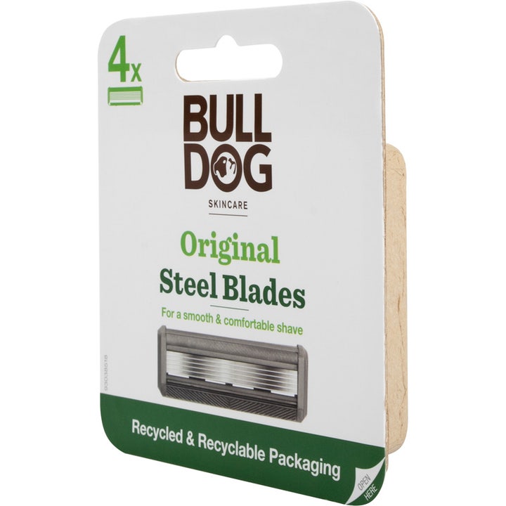 Bulldog Original Steel Blades 4 stk barberblade i hvid og grøn genanvendelig papemballage