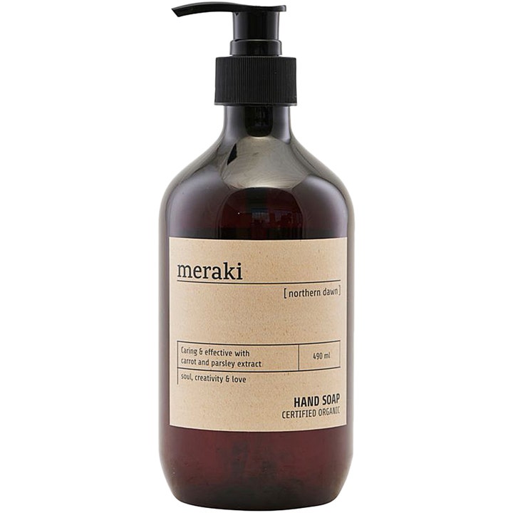 Meraki Northern Dawn 490 ml plejende håndsæbe i mørkebrun flaske med sort pumpe og rustik beige etiket