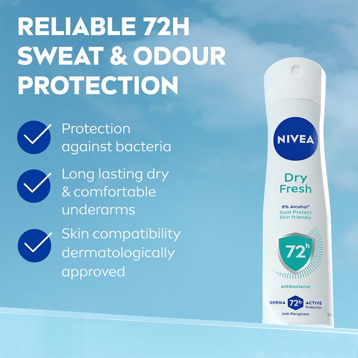 NIVEA Dry Fresh Deospray 150 ml deodorant mod sved og lugt i hvid sprayflaske med 72 timers effektiv beskyttelse