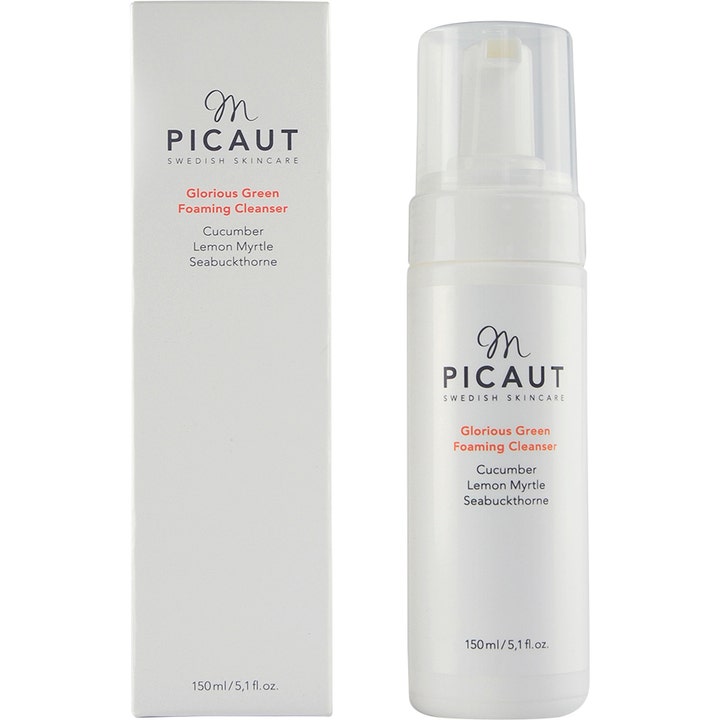 M Picaut Glorious Green Foaming Cleanser 150 ml rengøringsskum med agurk og havtorn i hvid pumpeflaske og æske