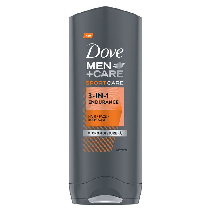 Dove Men+Care Sport Care 3-in-1 Endurance showergel i grå plastflaske med orange detaljer
