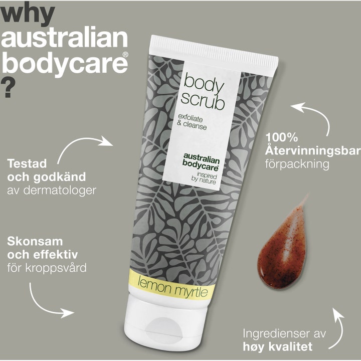 Australian Bodycare Body Scrub Lemon Myrtle 200 ml eksfolierende kropspleje i tube med brun teksturprøve.