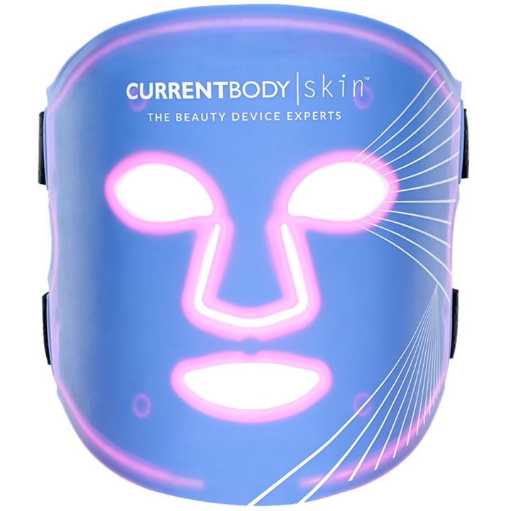 CurrentBody Skin LED-lysterapimaske 1 stk anti-aging ansigtsmaske i blå silikone med lyserødt lysende LED-striber