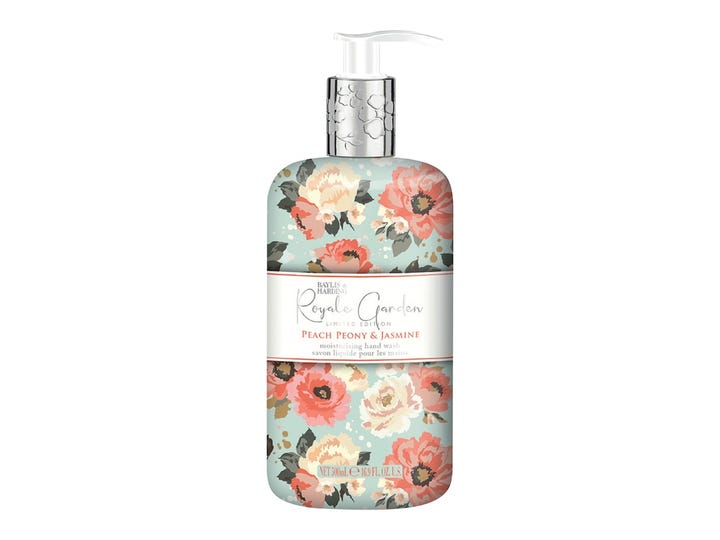Baylis & Harding Royale Garden Peach Peony & Jasmine 500 ml fugtgivende håndsæbe i mintgrøn flaske med blomster.