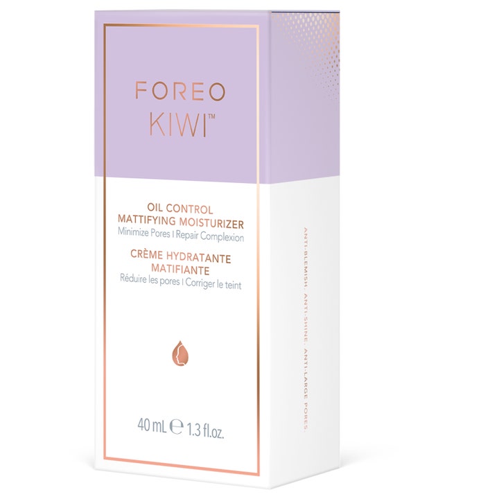 FOREO KIWI Oil Control Mattifying Moisturizer 40 ml matificerende dagcreme i lilla og hvid æske der minimerer porer