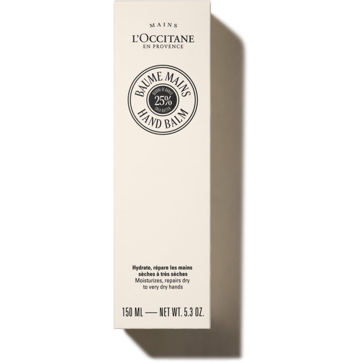 L'Occitane en Provence Shea Butter Hand Balm 150 ml fugtgivende håndcreme i en cremehvid papæske med logo.