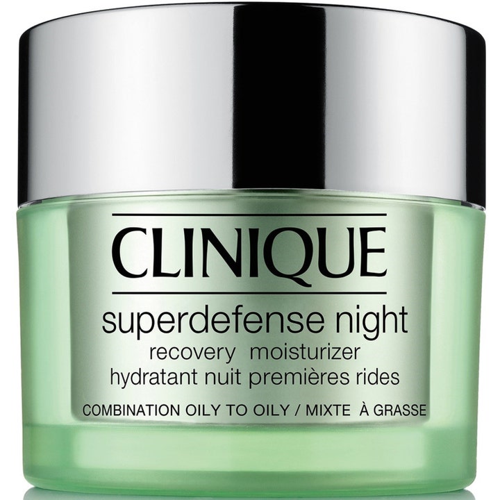 Clinique Superdefense Night Recovery Moisturizer 50 ml fugtgivende natcreme i lysegrøn krukke med skinnende sølvlåg
