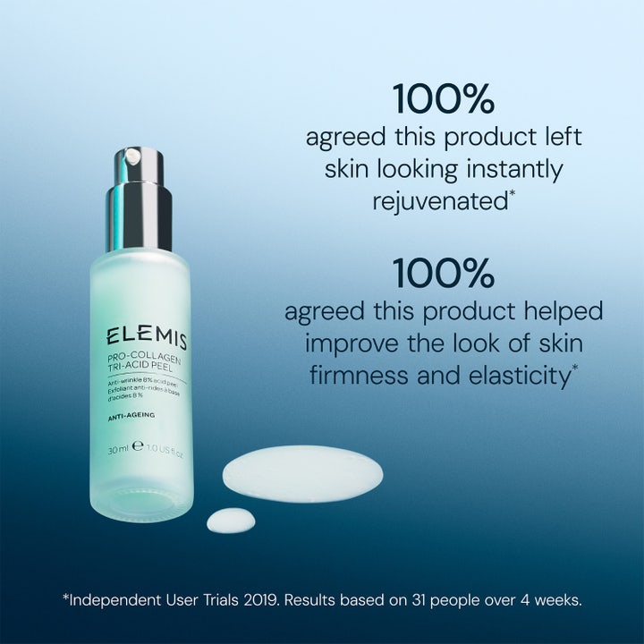 Elemis Pro-Collagen Tri-Acid Peel 30 ml peeling for fasthed og foryngelse i frostet glasflaske med pumpe.