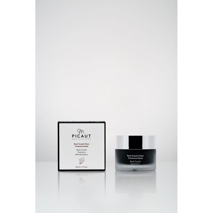 M Picaut Rock Crystal Clear Treatment Mask 50 ml rensende ansigtsmaske i mørk glaskrukke med sølvlåg og hvid æske