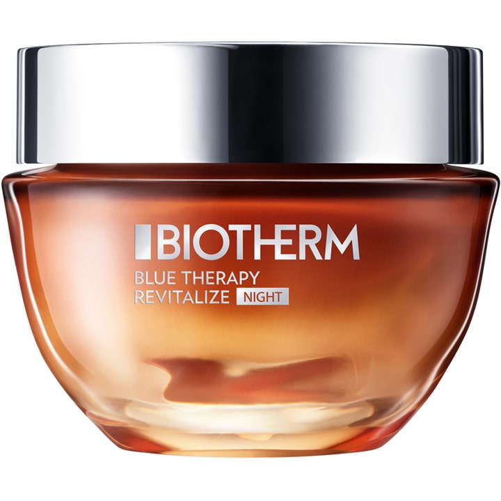 Biotherm Blue Therapy Revitalize Night 50 ml revitaliserende natcreme i en ravfarvet glaskrukke med skinnende sølvlåg.
