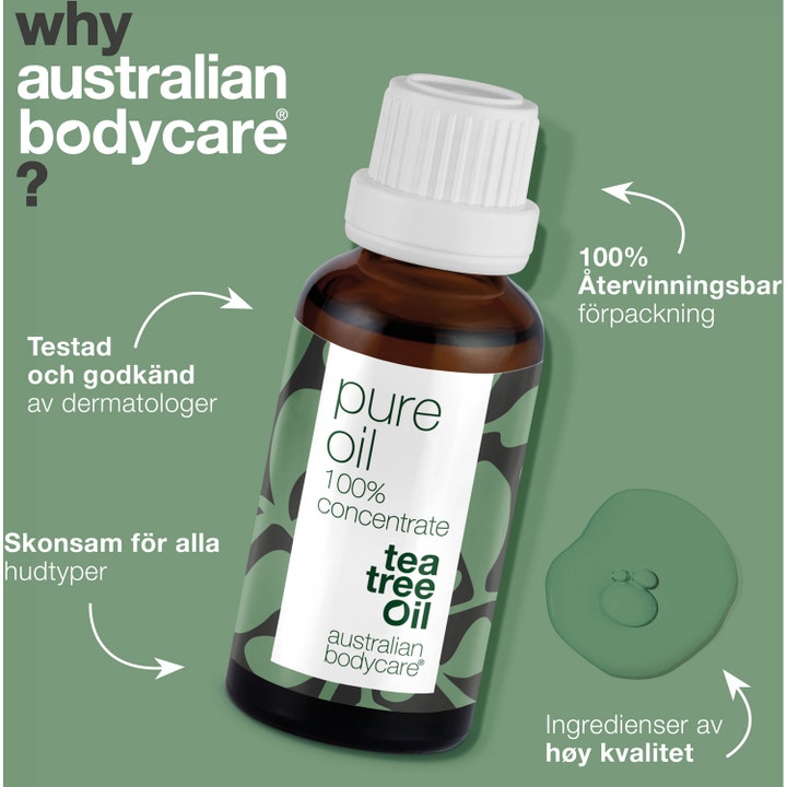 Australian Bodycare Pure Oil 30 ml mod uren hud i brun glasflaske med dråbe af Tea Tree Oil