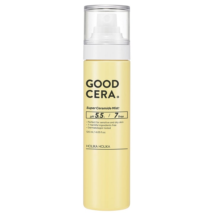 Holika Holika Good Cera Super Ceramide Mist 120 ml fugtgivende mist i gul sprayflaske med hvid pumpe og klart låg