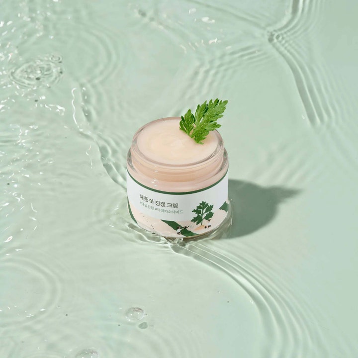 Round Lab Mugwort Calming Cream 80 ml beroligende ansigtscreme i krukke med grønt blad i rislende vand