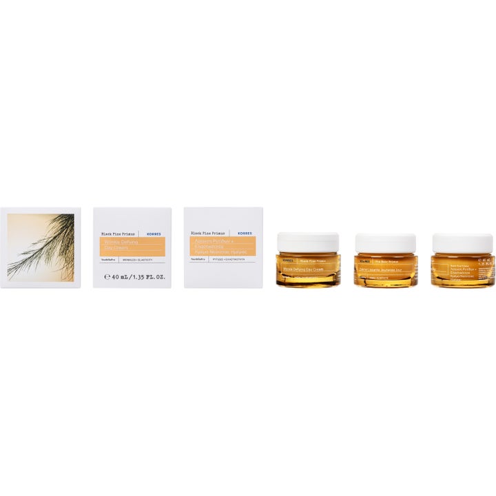 KORRES Black Pine Primus 40 ml rynkebekæmpende dagcreme i brun glaskrukke med hvidt låg og yderemballage