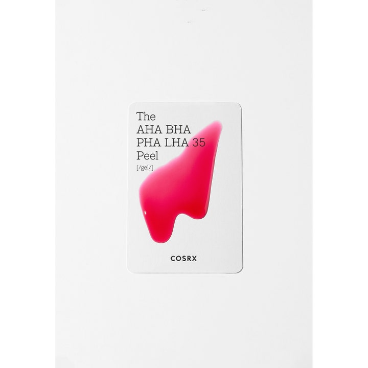 COSRX The AHA BHA PHA LHA 35 Peel 30 ml eksfolierende ansigtspeeling med lyserød gel-tekstur på hvidt kort