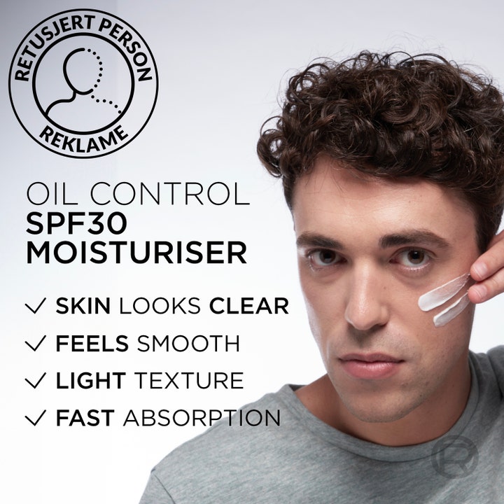 L'Oréal Paris Men Expert Derma Control 40 ml dagcreme med SPF30 viser hvid creme påført en mands ansigt for klar hud.