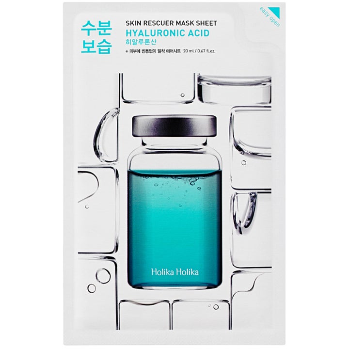 Holika Holika Skin Rescuer Mask Sheet Hyaluronic Acid 20 ml fugtgivende sheet mask med motiv af turkis glasampul