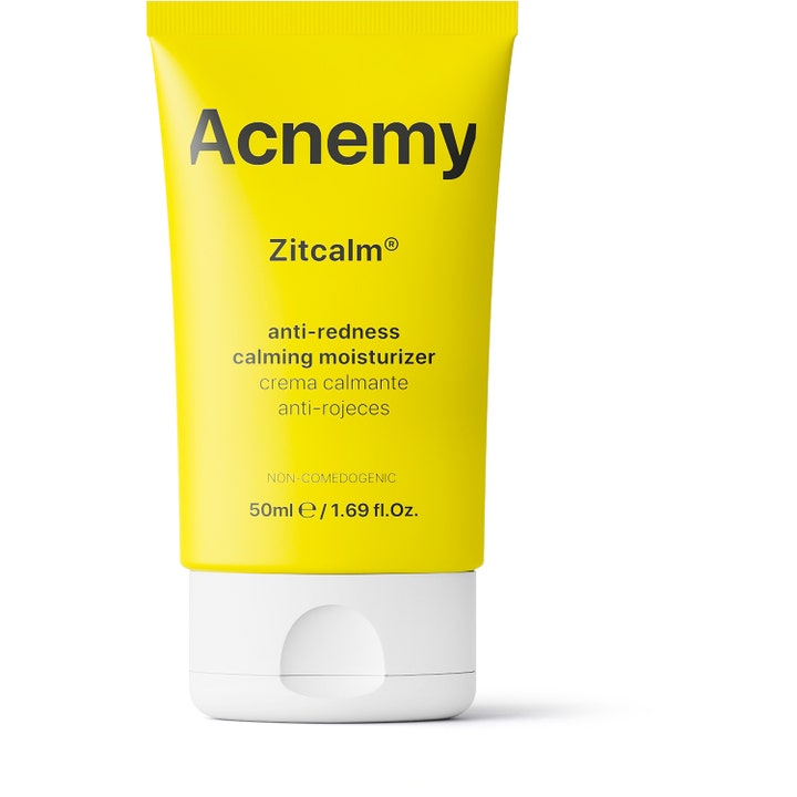 Acnemy Zitcalm 50 ml beroligende ansigtscreme mod rødme i en klar gul plastictube med hvidt låg