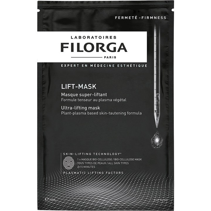 Filorga Lift-Mask 14ml opstrammende sheet maske i sort pose med hvid tekst og en sølvfarvet pipettegrafik.