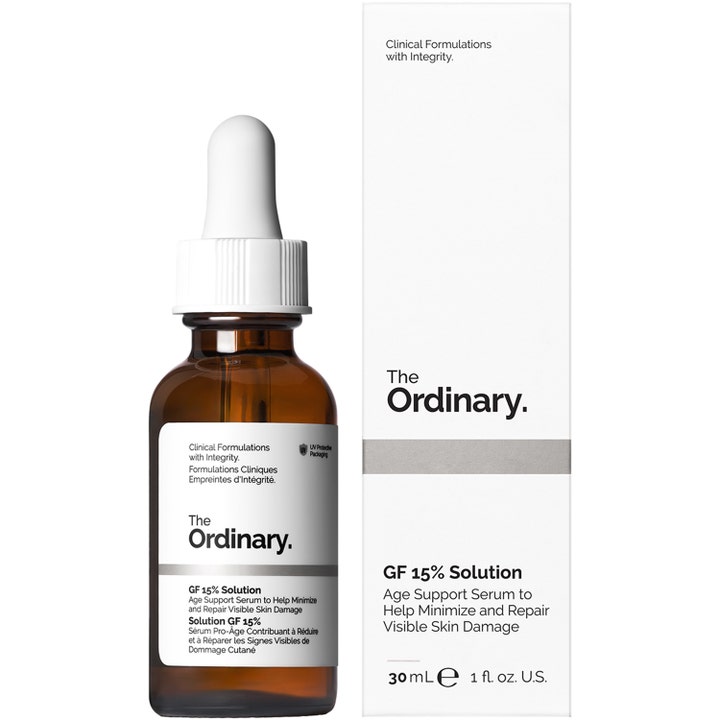 The Ordinary GF Solution 15% Serum 30 ml i en mørk glasflaske med hvid pipette og yderæske.