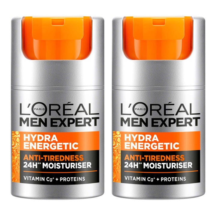 L'Oréal Men Expert Hydra Energetic 24H Moisturiser mod træthed i to sølvfarvede pumpeflasker med orange detaljer