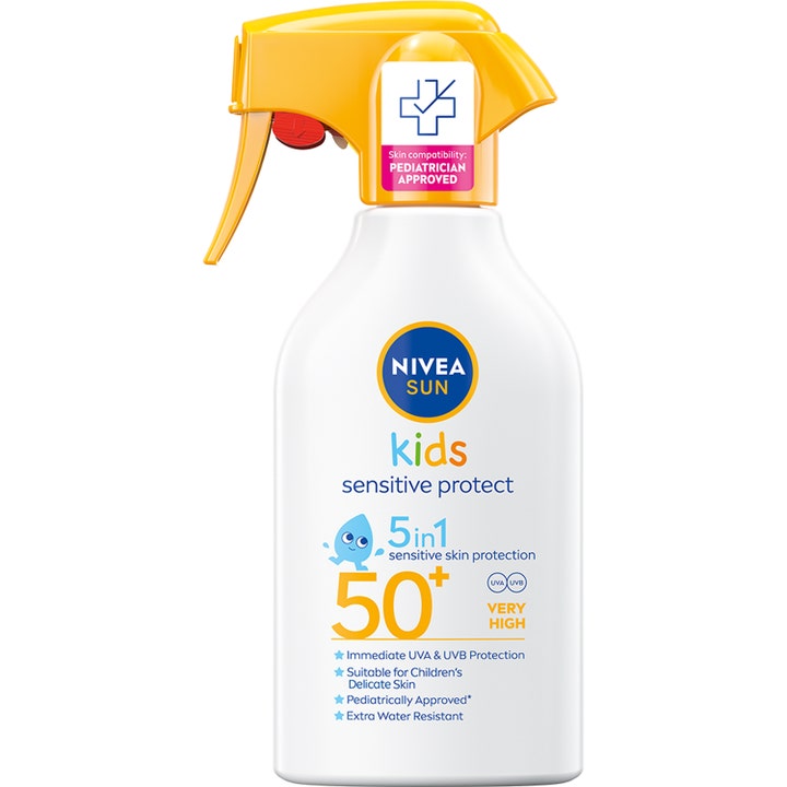 Nivea Sun Kids Sensitive Protect 5in1 SPF 50+ solcreme til børn i hvid sprayflaske med gult sprayhoved