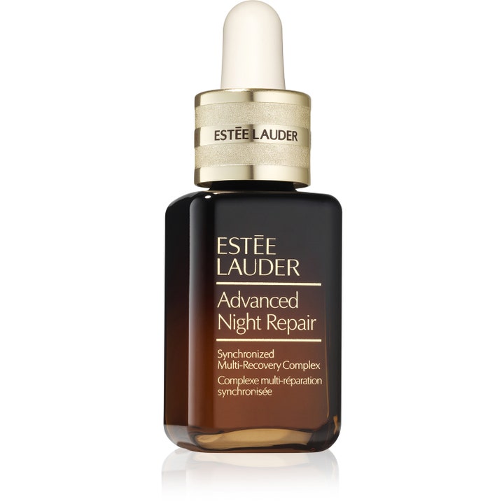 Estée Lauder Advanced Night Repair genopbyggende ansigtsserum i brun glasflaske med elegante gulddetaljer og pipette.