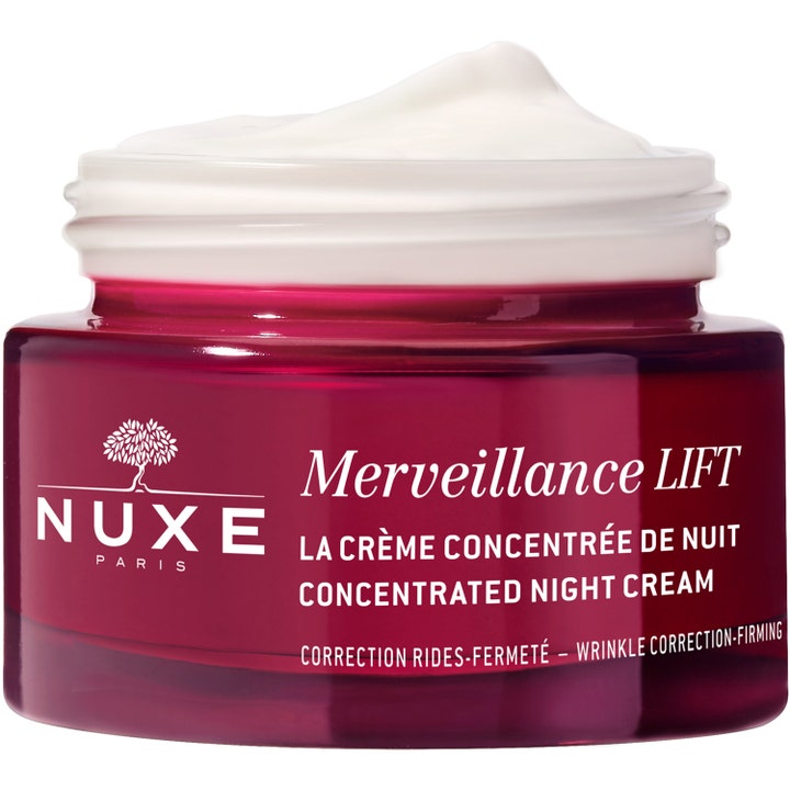 Nuxe Merveillance LIFT Concentrated Night Cream 50 ml opstrammende natcreme i rød glaskrukke med hvid cremet tekstur