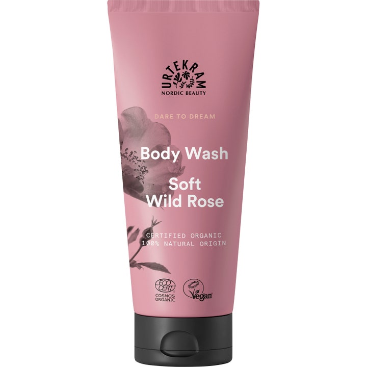 Urtekram Soft Wild Rose Body Wash plejende kropsvask i lyserød tube med sort låg og blomstermotiv