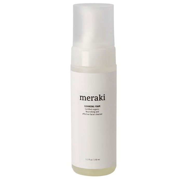 Meraki Cleansing Foam 150 ml nærende ansigtsrens i en hvid pumpeflaske med frostet gennemsigtig hætte