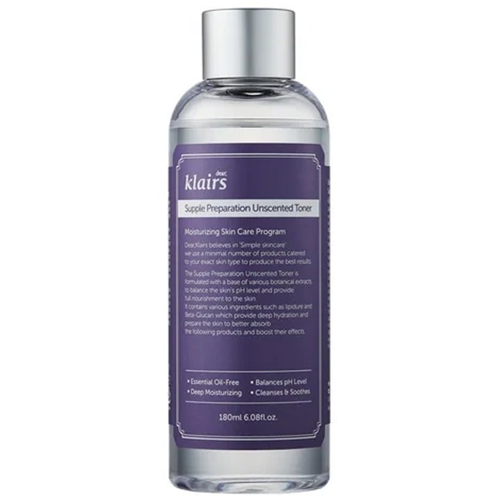 Klairs Supple Preparation Unscented Toner 180ml fugtgivende ansigtstoner i klar flaske med lilla etiket og sølvlåg