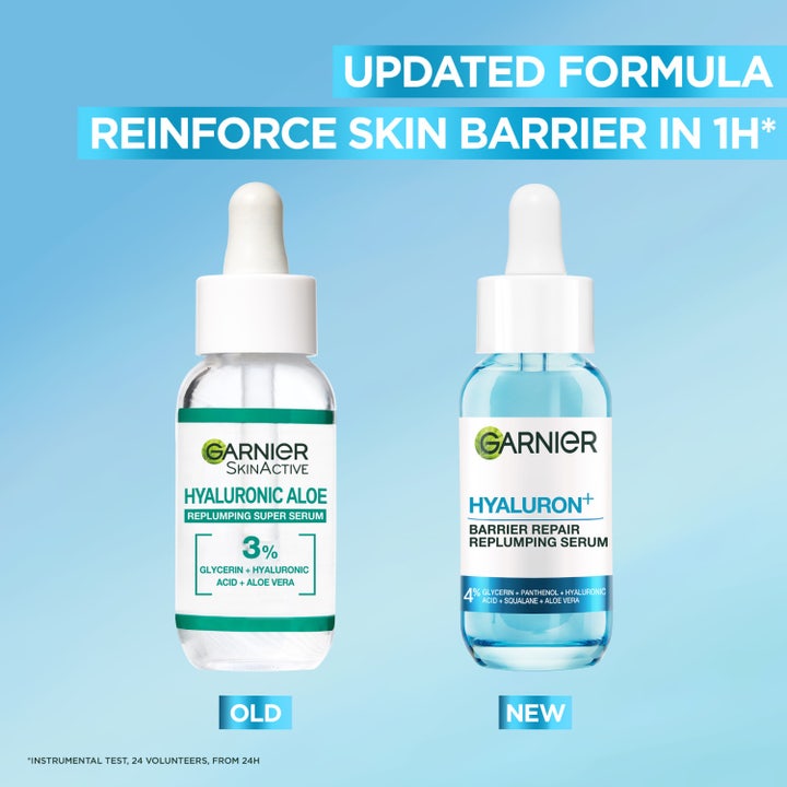 Garnier Hyaluron+ Barrier Repair 30 ml genopbyggende serum viser sammenligning af gammel og ny flaske med opdateret formel